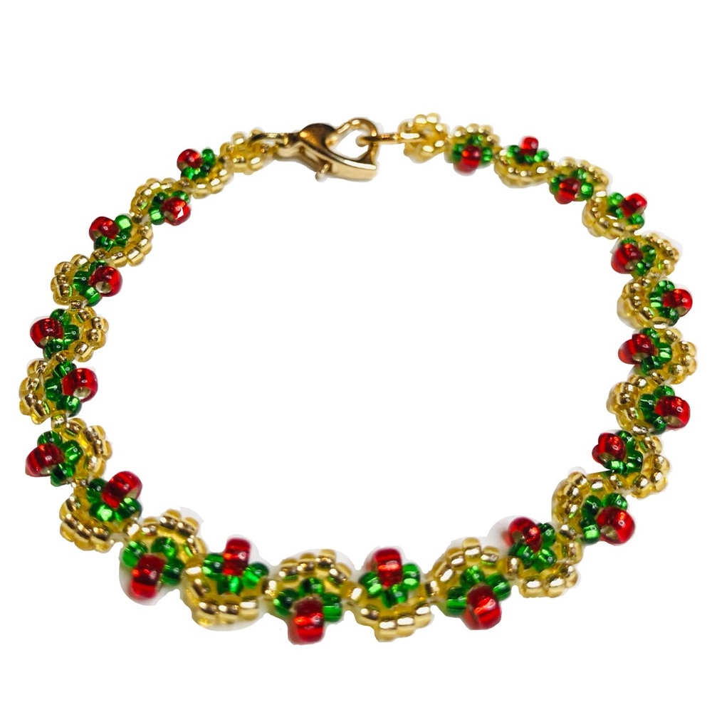Simple Christmas Holiday Bracelet Gold Green Red Woven Beads Heart Clasp - Picture 1 of 3